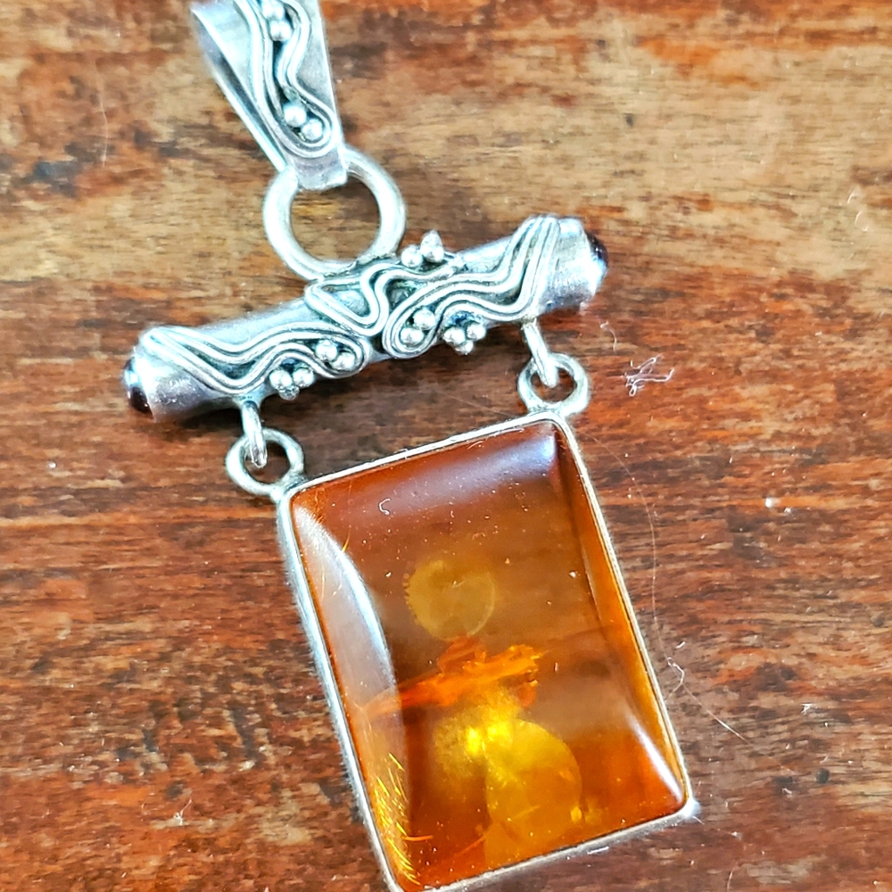 Sterling, amber and amethyst pendant